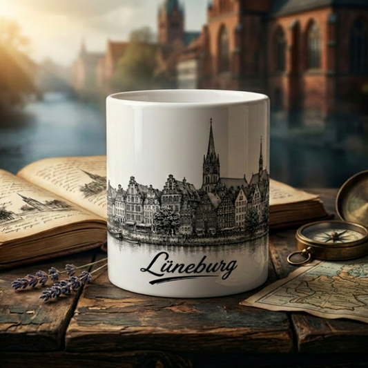 Lüneburg Tasse mit historischer Stadtansicht als feine Schwarz-Weiß-Line-Art.