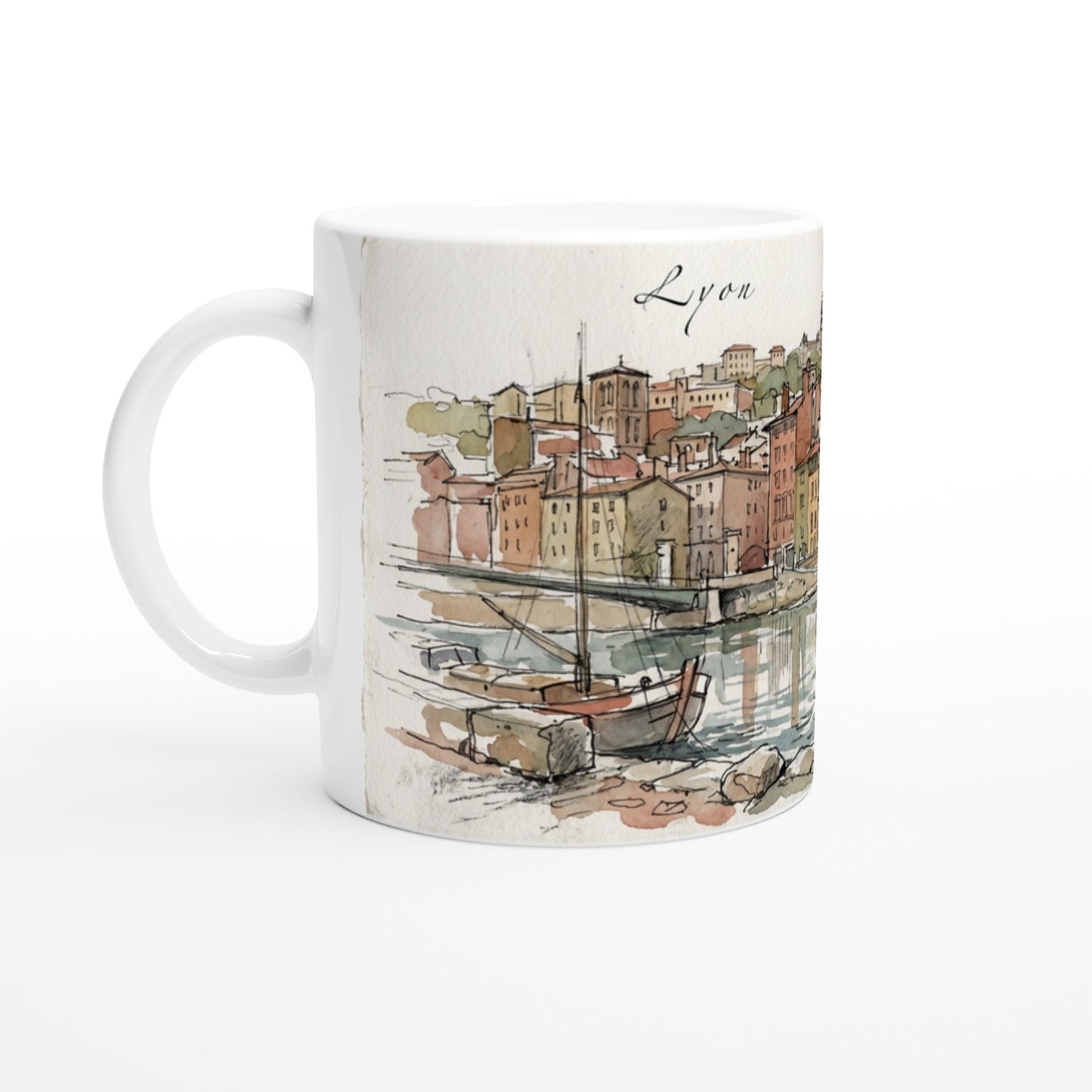 Lyon Tasse 330 ml mit historischer Altstadt am Wasser und der Basilika Notre-Dame de Fourvière über den Dächern