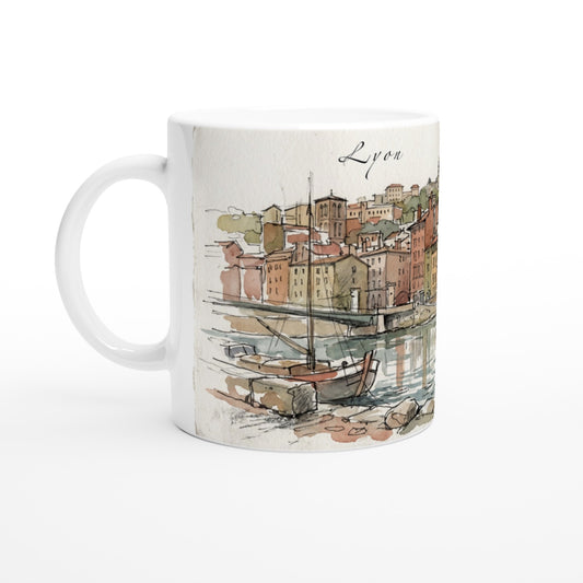 Lyon Tasse 330 ml mit historischer Altstadt am Wasser und der Basilika Notre-Dame de Fourvière über den Dächern