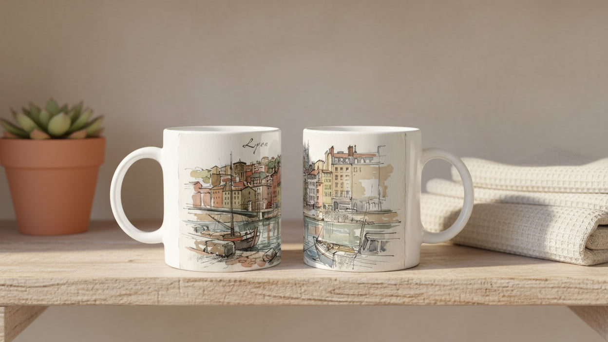 Weiße Keramiktasse mit den warmen Häuserfassaden der historischen Lyoner Altstadt in Ocker, Beige und Terrakotta