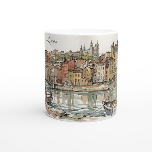Detailansicht der Lyon Tasse mit der Basilika Notre-Dame de Fourvière auf dem Hügel über der französischen Altstadt