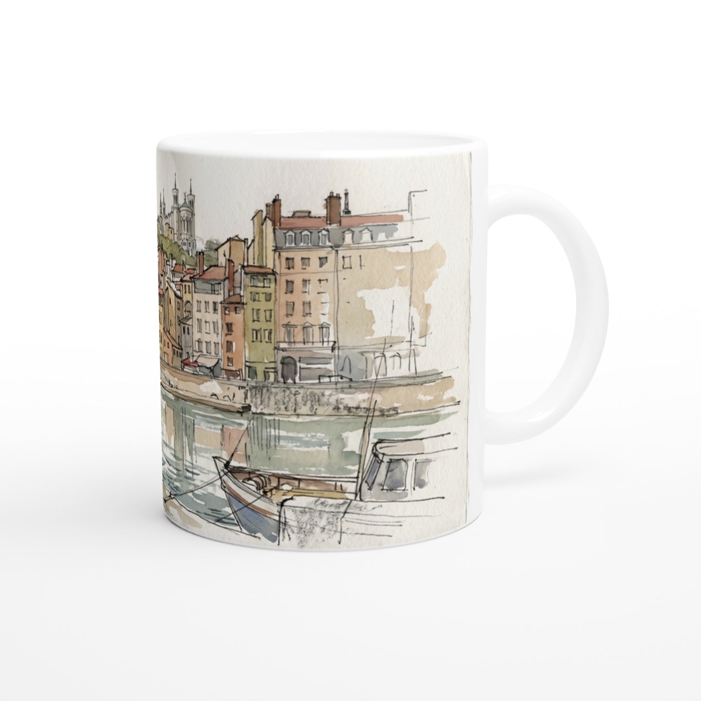 Französische Stadtansicht von Lyon mit Altstadt, Ufermauer und Basilika im fein gezeichneten Aquarellstil