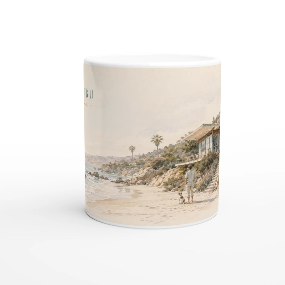 Malibu California Tasse 0,33 l mit heller Aquarellillustration der Pazifikküste, sanften Wellen, Strand und felsiger Küstenlandschaft sowie dem Schriftzug MALIBU California