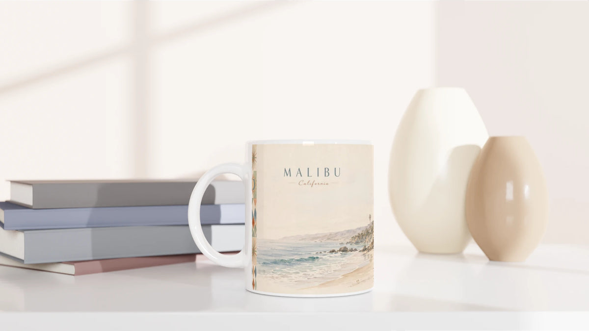 Malibu California Tasse mit modernistisch inspiriertem Beach House, hoher Palme, Küstenvegetation und einer Figur mit kleinem Hund in einer sonnigen kalifornischen Alltagsszene