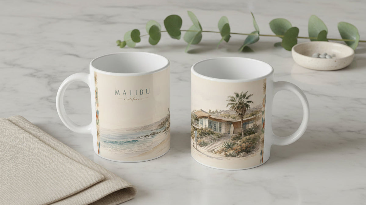 Zwei Ansichten der Malibu California Tasse zeigen die umlaufende Gestaltung mit Pazifikküste und MALIBU Schriftzug auf einer Seite sowie Beach House, Palme und Küstenlandschaft auf der anderen