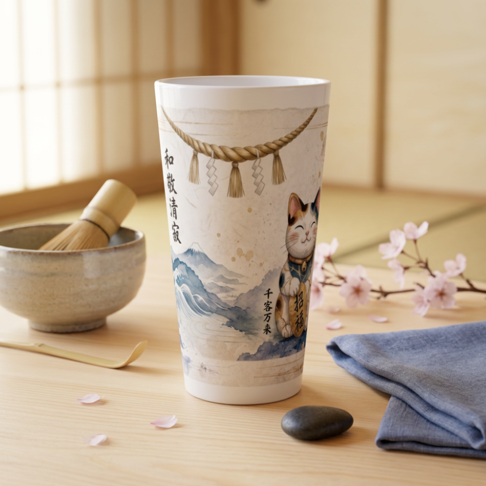 Maneki Neko Glückskatze auf großer Keramiktasse mit Kirschblüten, japanischen Elementen und harmonischem Aquarell Design