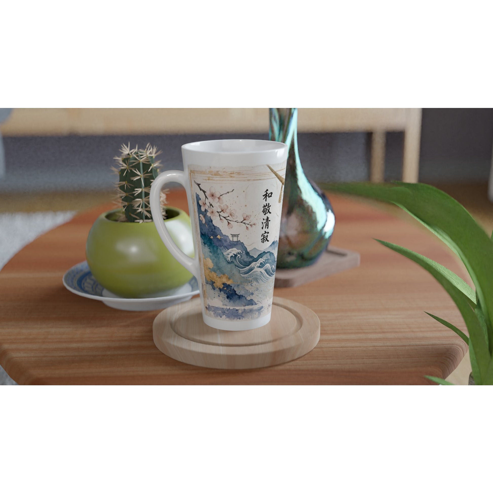 Japan inspirierte Latte Tasse mit Maneki Neko Motiv, Sakura Zweigen und ruhigem Zen Ambiente als besondere Geschenkidee