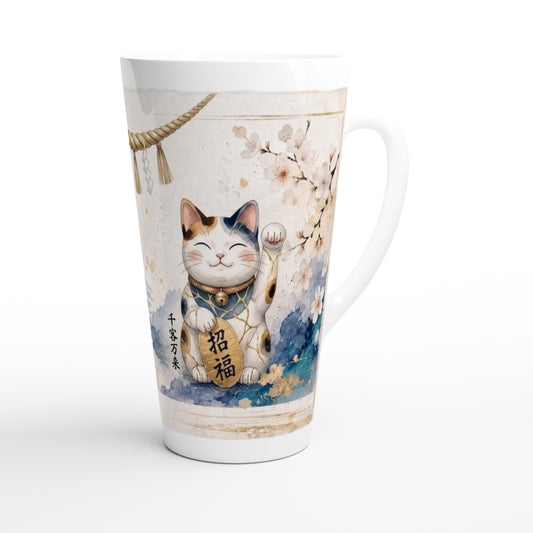 Japan inspirierte Latte Tasse mit Maneki Neko Motiv, Sakura Zweigen und ruhigem Zen Ambiente als besondere Geschenkidee