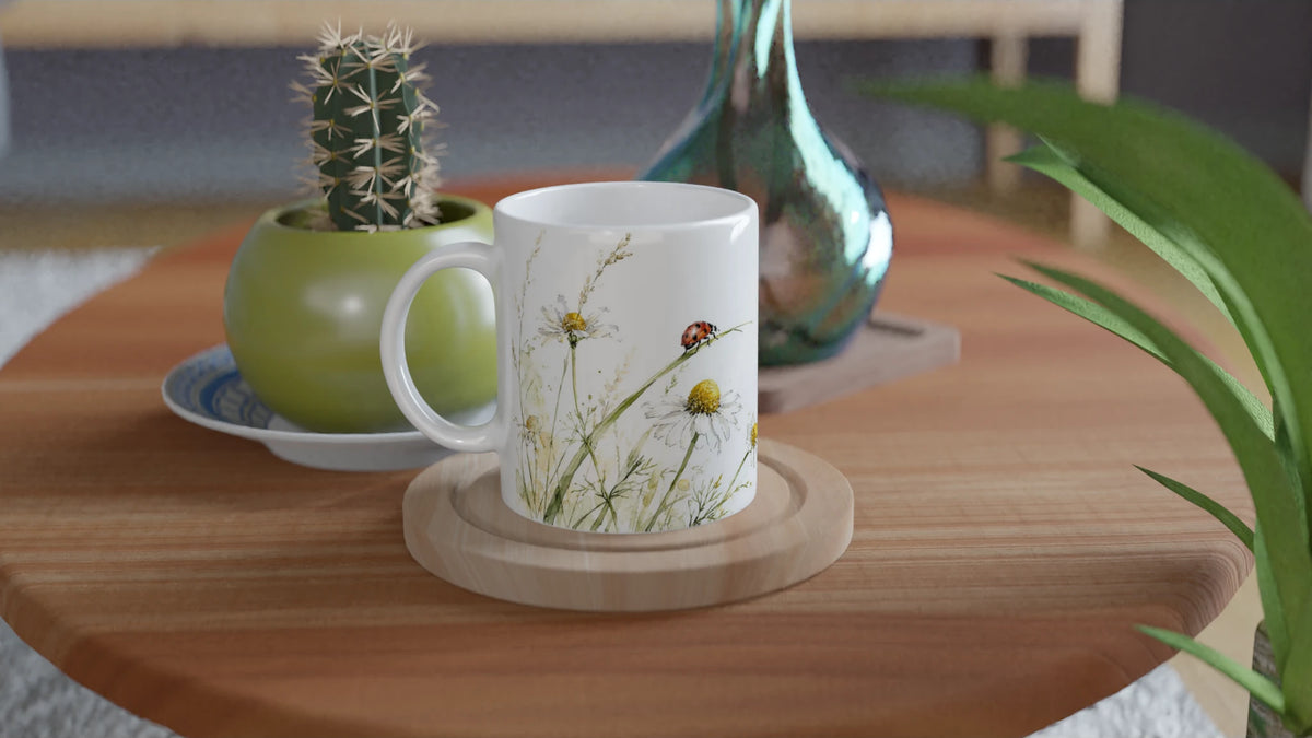 Detailansicht der Marienkäfer Kamille Tasse mit aquarellierten Kamillenblüten, feinen grünen Halmen und einem kleinen roten Marienkäfer.
