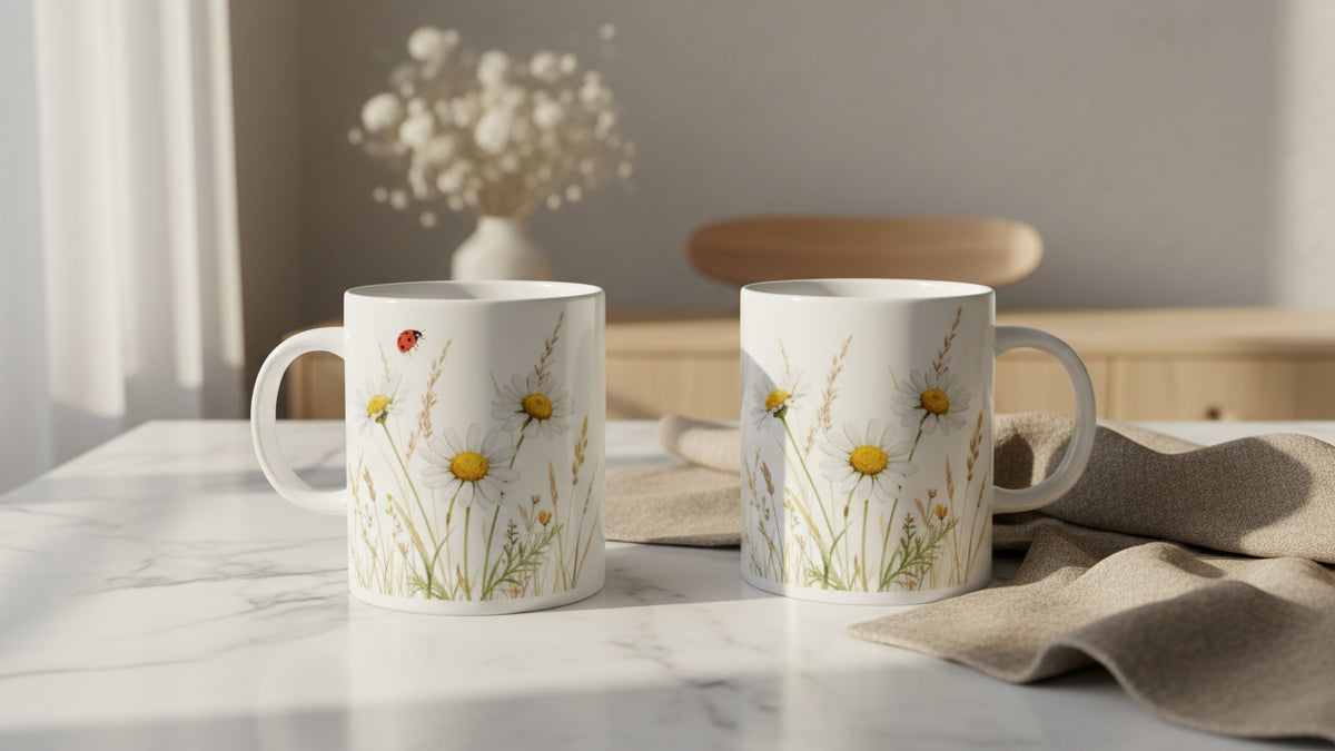 Zwei Ansichten der Marienkäfer Kamille Tasse mit kleinem roten Käfer auf einer Seite und ruhiger Kamillenwiese auf der gegenüberliegenden Motivseite.