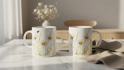 Zwei Ansichten der Marienkäfer Kamille Tasse mit kleinem roten Käfer auf einer Seite und ruhiger Kamillenwiese auf der gegenüberliegenden Motivseite.