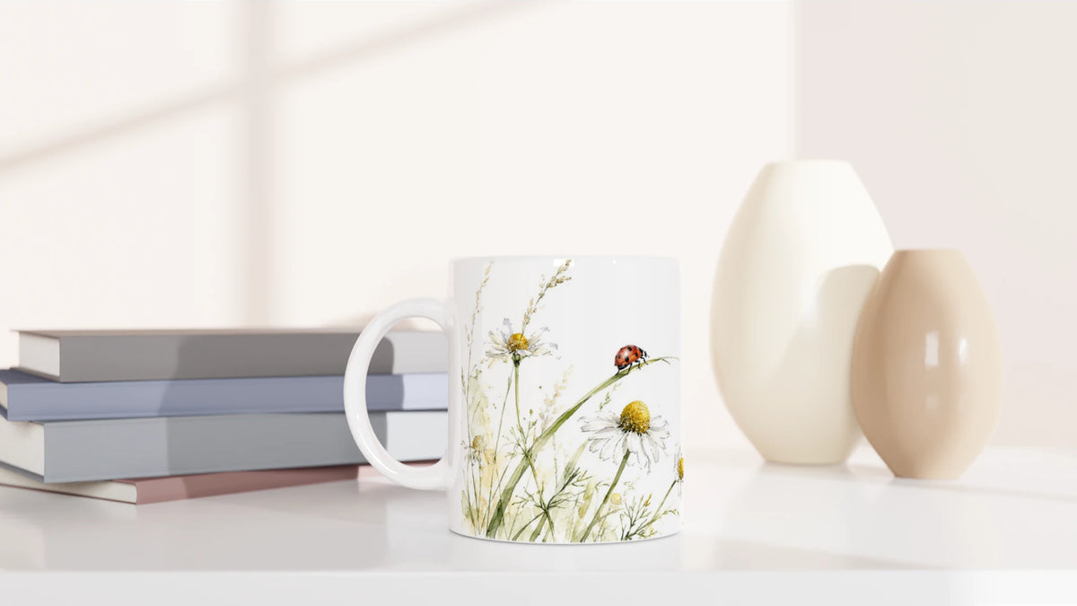 Weiße Marienkäfer Kamille Tasse 330 ml mit feiner Wiesenillustration im Aquarellstil in einem hellen und zurückhaltenden Wohnambiente.