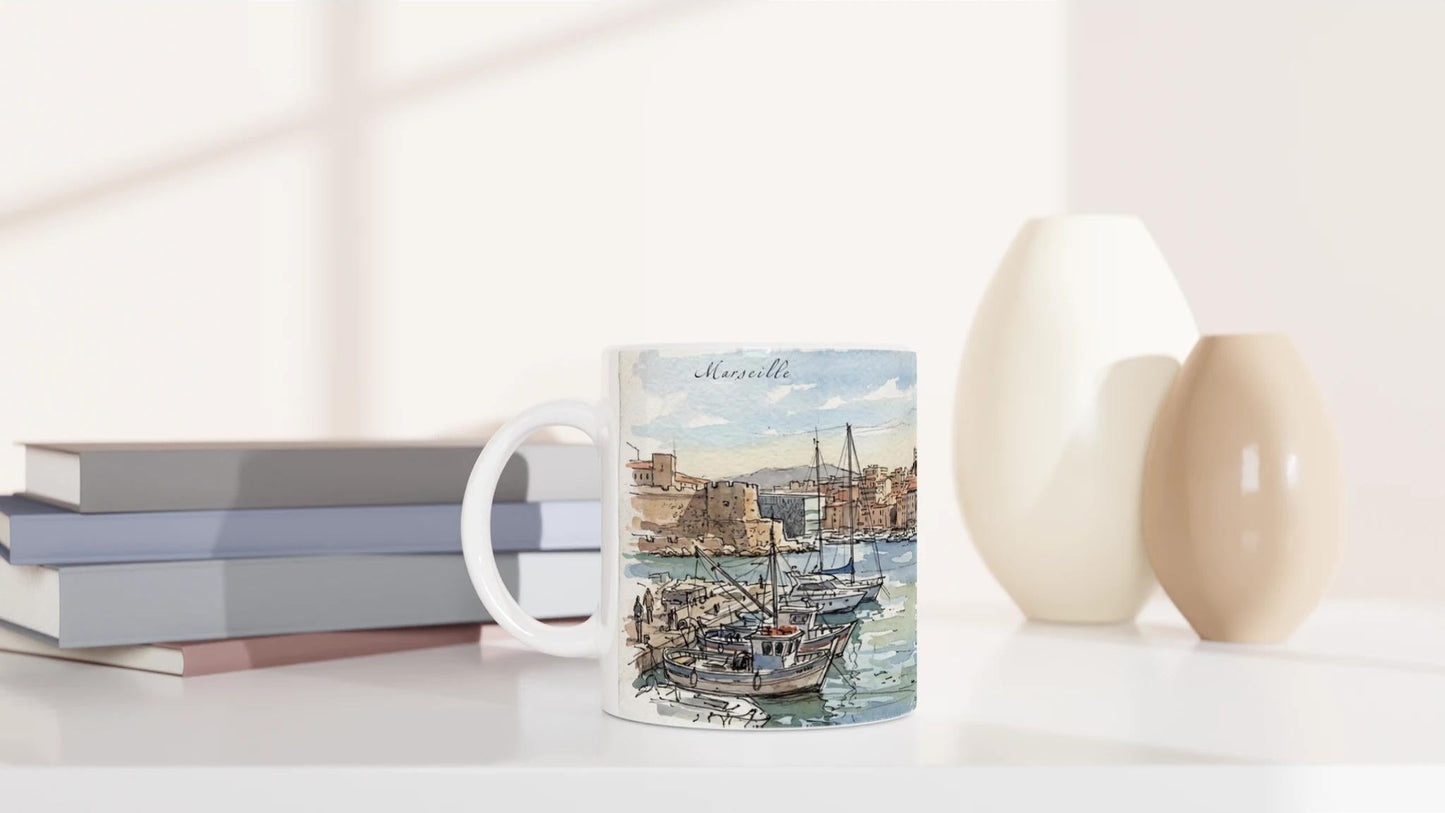 Marseille Tassenmotiv mit der Basilika Notre-Dame de la Garde oberhalb der Stadt und Hafenlandschaft im Vordergrund