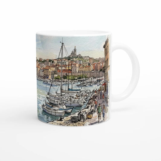 Südfranzösisches Reisemotiv auf einer 330-ml-Tasse mit Marseille, Vieux-Port und warmen Aquarellfarben in Blau, Ocker und Sand