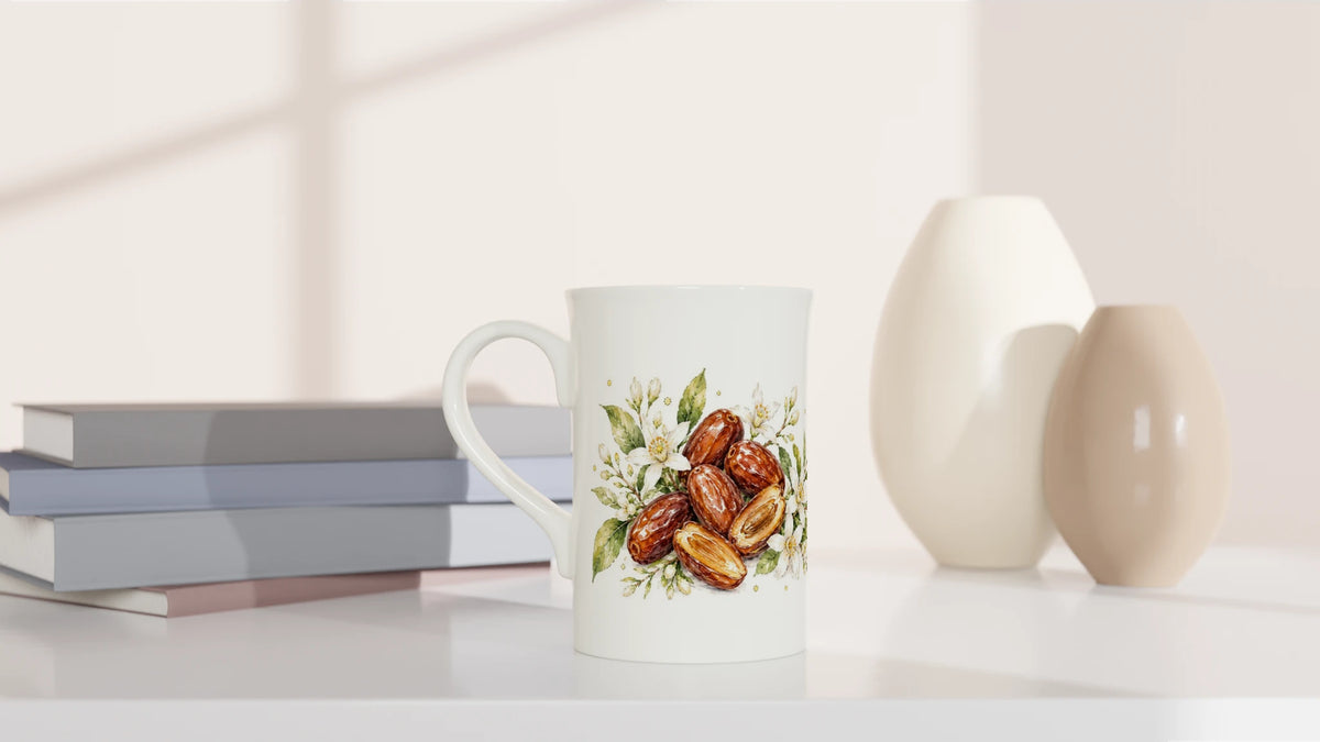 Weiße Tasse mit Datteln und botanischem Blattwerk als helles mediterranes Aquarellmotiv