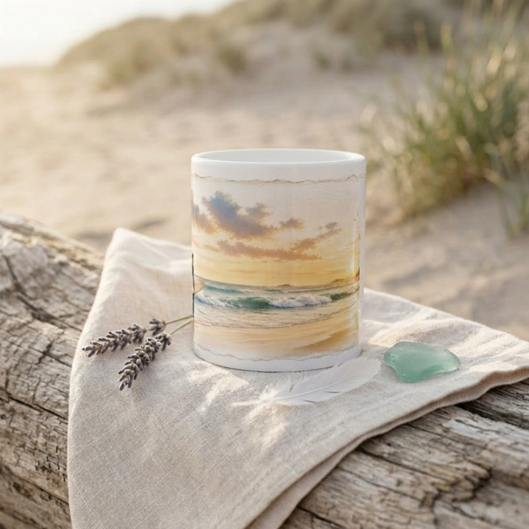 Maritime Tasse mit Küstenlandschaft, Wellen und entspannter Strand Atmosphäre
