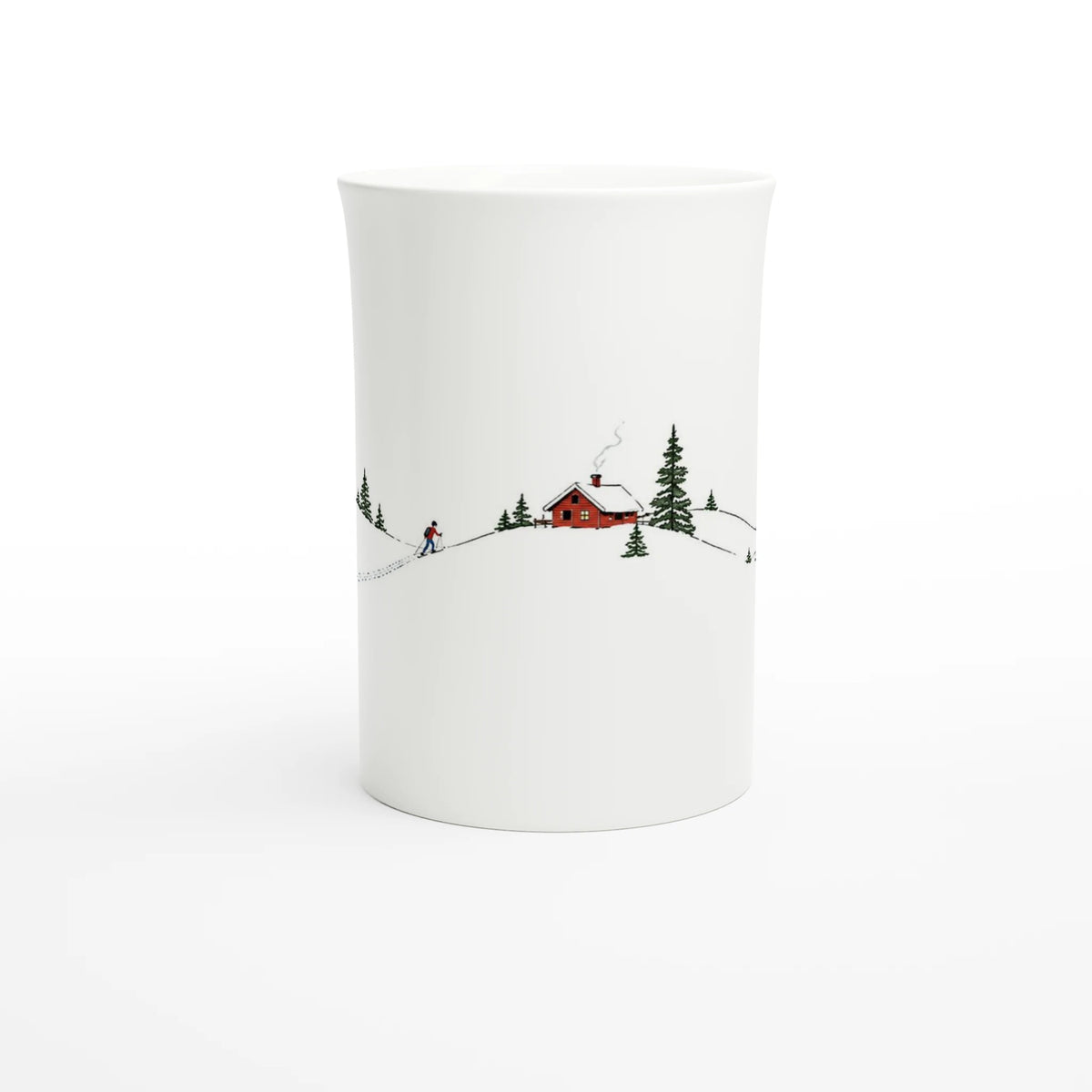 Wintertasse aus weißem Porzellan mit kleiner Hütte im Schnee als minimalistischer Illustration, inspiriert von der Stille einer verschneiten Landschaft.