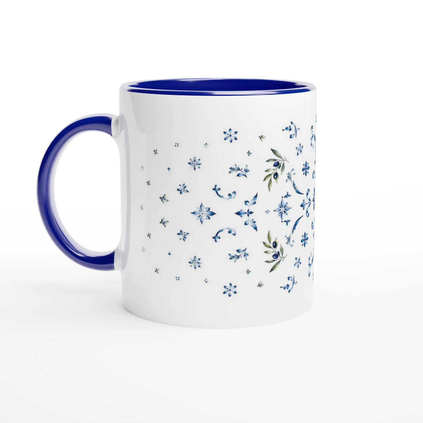 Mediterrane Oliven Tasse mit blauem Henkel und blauer Innenfläche