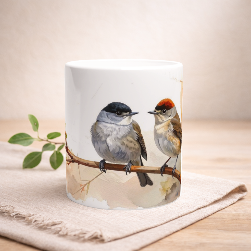 Mönchsgrasmücke Tasse 330 ml mit Vogelpaar auf einem Ast und feiner Naturillustration auf weißer Keramik