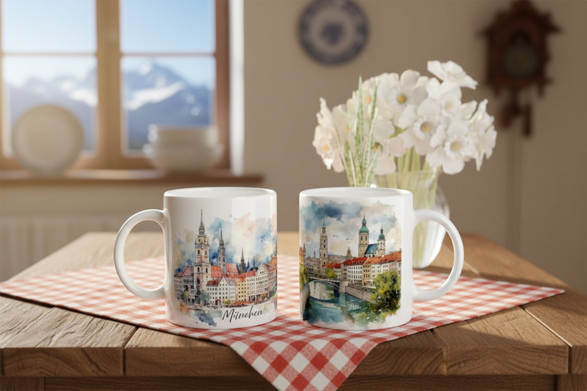 München Kaffeetasse mit umlaufender Aquarellillustration der bayerischen Landeshauptstadt