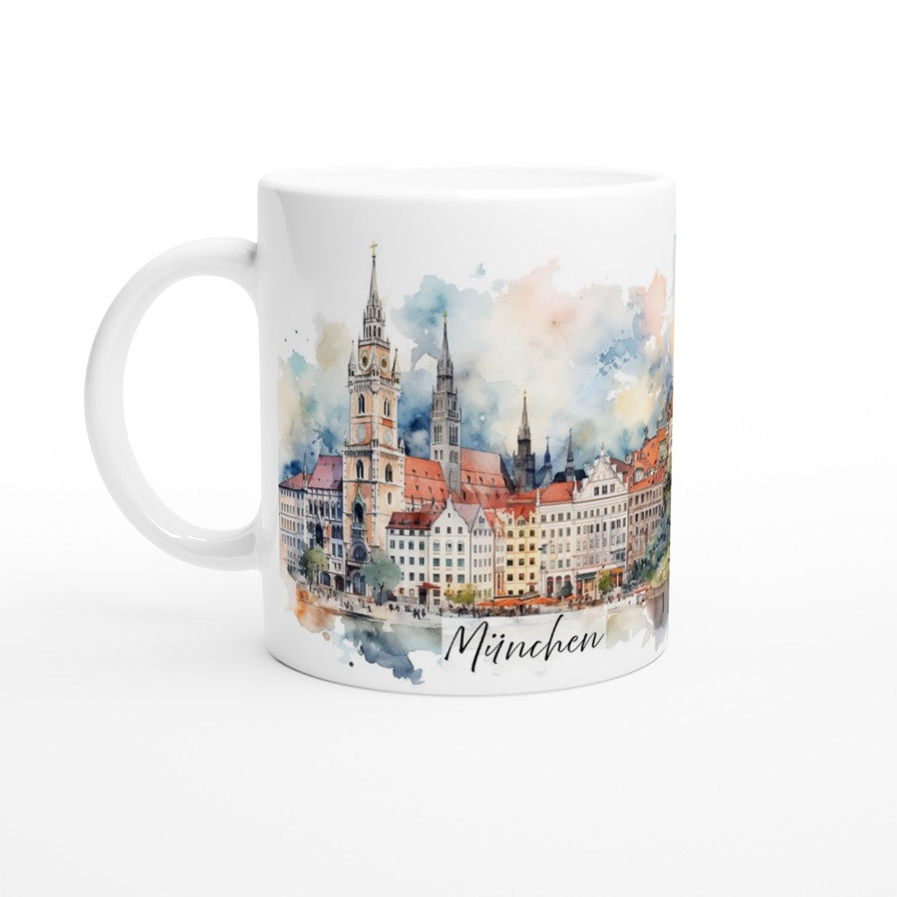 Weiße München Keramiktasse 330 ml mit Türmen, Dächern und historischen Stadtansichten