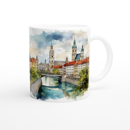 München Tasse 330 ml mit umlaufendem Stadtpanorama im hellen Aquarellstil