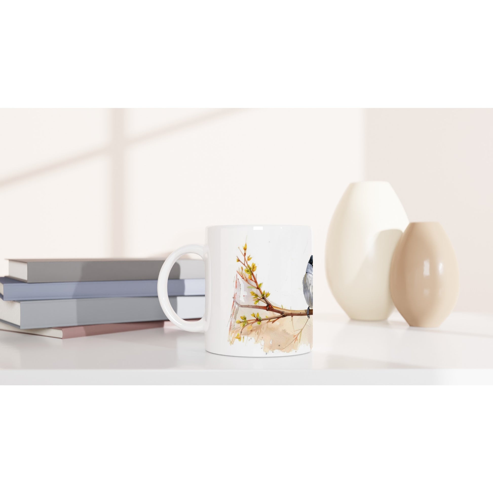 Mönchsgrasmücke Tasse 330 ml mit Vogelpaar auf einem Ast und feiner Naturillustration auf weißer Keramik