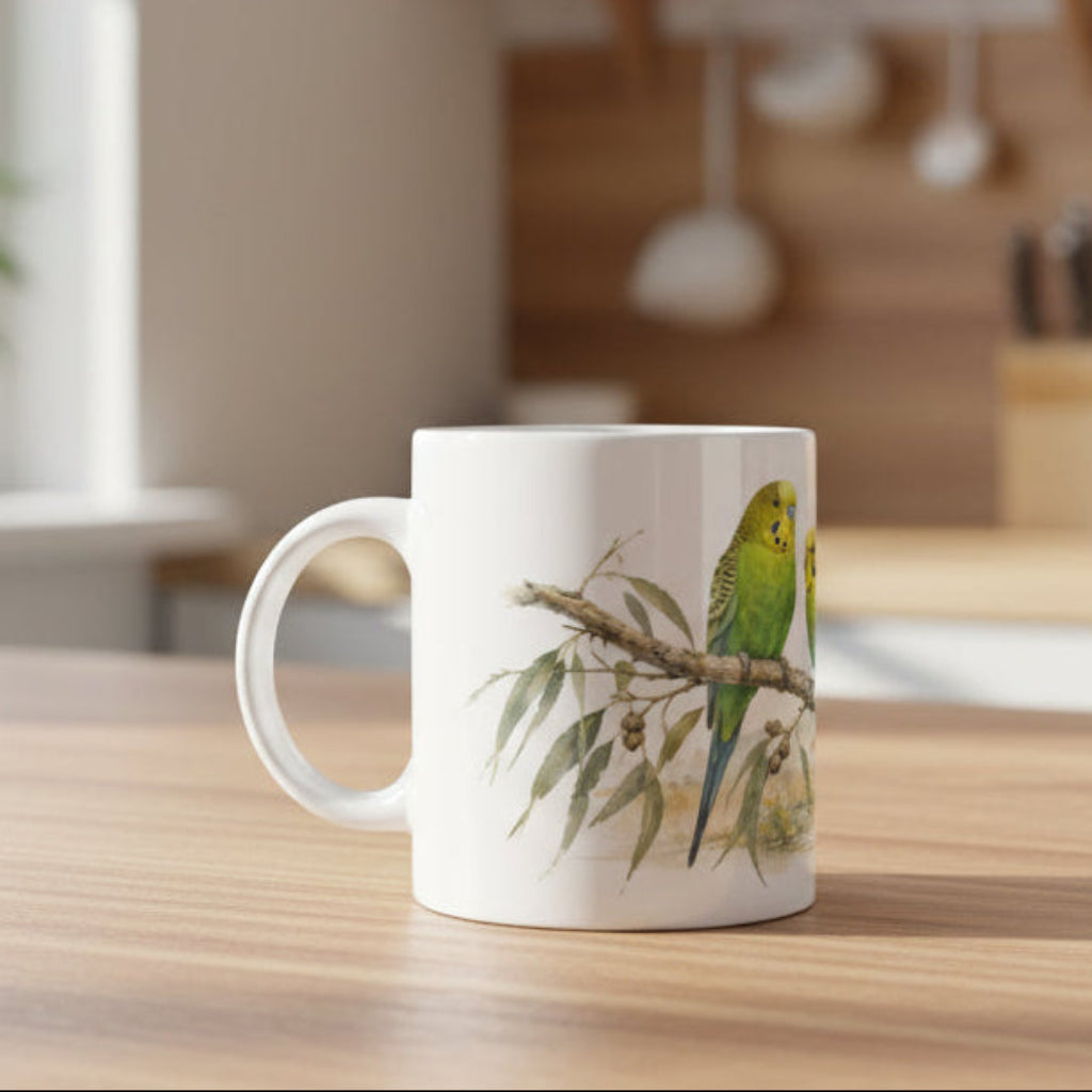Wellensittich Geschenkidee mit zwei Vögeln als harmonisches Motiv auf weißer Keramiktasse
