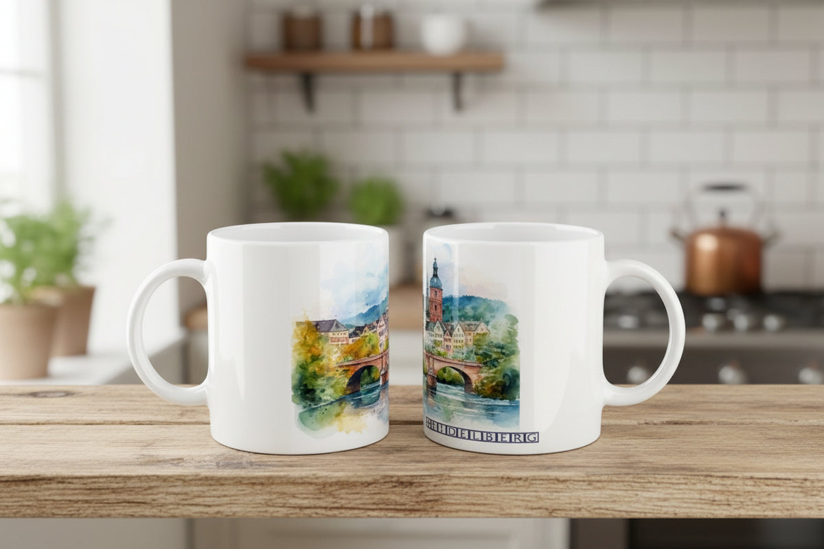 Weiße Heidelberg Tasse mit Neckar, Brücken und ruhiger Stadtlandschaft als Aquarellmotiv