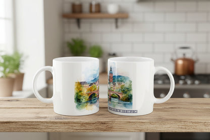 Weiße Heidelberg Tasse mit Neckar, Brücken und ruhiger Stadtlandschaft als Aquarellmotiv
