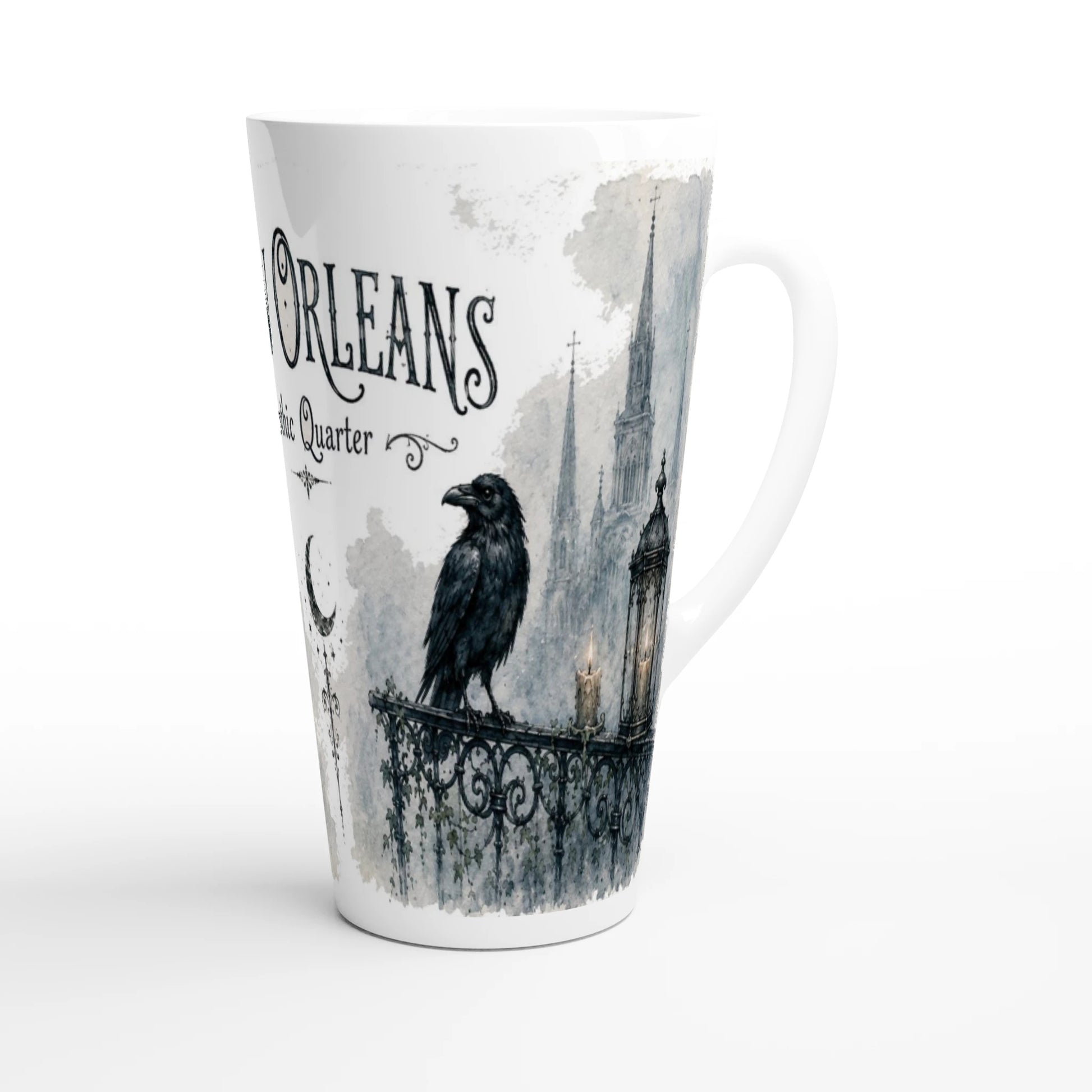 New Orleans Latte Tasse mit schwarzem Raben, schmiedeeisernem Balkon, Kerzen und Gothic Quarter Schriftzug