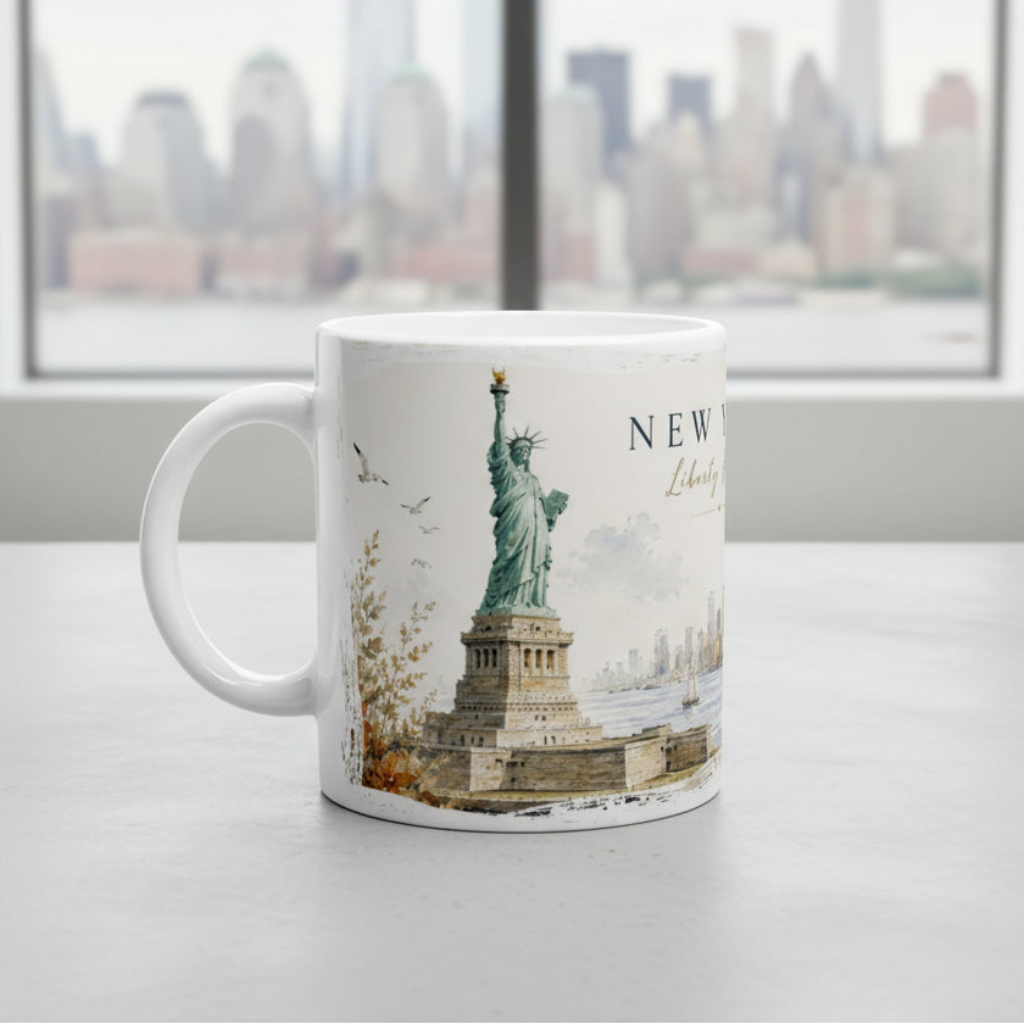New York Aquarell Tasse Liberty Harbor mit Freiheitsstatue und Skyline