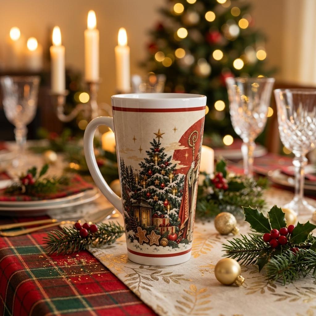 Nikolaus-Keramiktasse mit etwa 440 ml Fassungsvermögen laut Artikelangabe. Die hohe Tassenform und das Vintage-Motiv machen sie zum Begleiter für warme Getränke im Advent.
