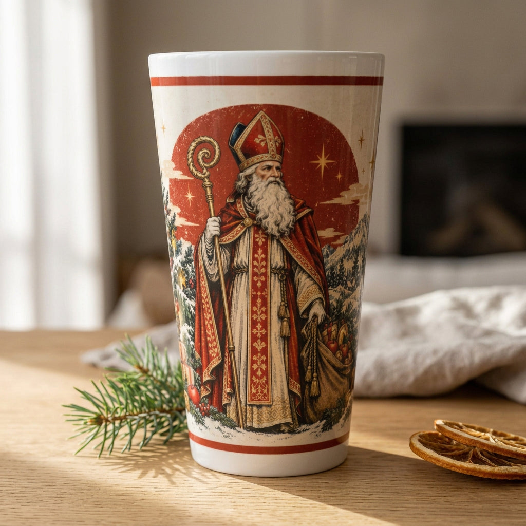 Nikolaus Latte-Macchiato-Tasse aus weißer Keramik mit nostalgischem Motiv des Heiligen Nikolaus. Der hohe 440-ml-Becher ist eine festliche Geschenkidee zum Nikolaustag und für die Adventszeit.