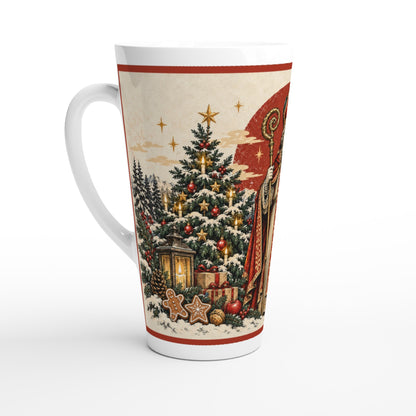 Keramiktasse für Latte Macchiato mit festlichem Nikolausmotiv im Retro-Stil. Ein Geschenk zum 6. Dezember für Menschen, die klassische Nikolaustraditionen mögen.