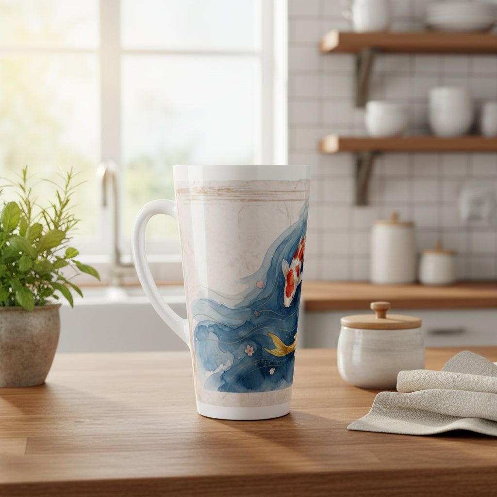 Großer Keramikbecher mit japanischem Koi Motiv, goldenen Details und fließenden Wasserfarben