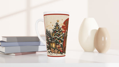 Nostalgische Nikolaustasse in hoher Keramikform mit Illustration des Heiligen Nikolaus. Eine festliche Tasse für Latte Macchiato, Kaffee, Tee und heiße Schokolade.
