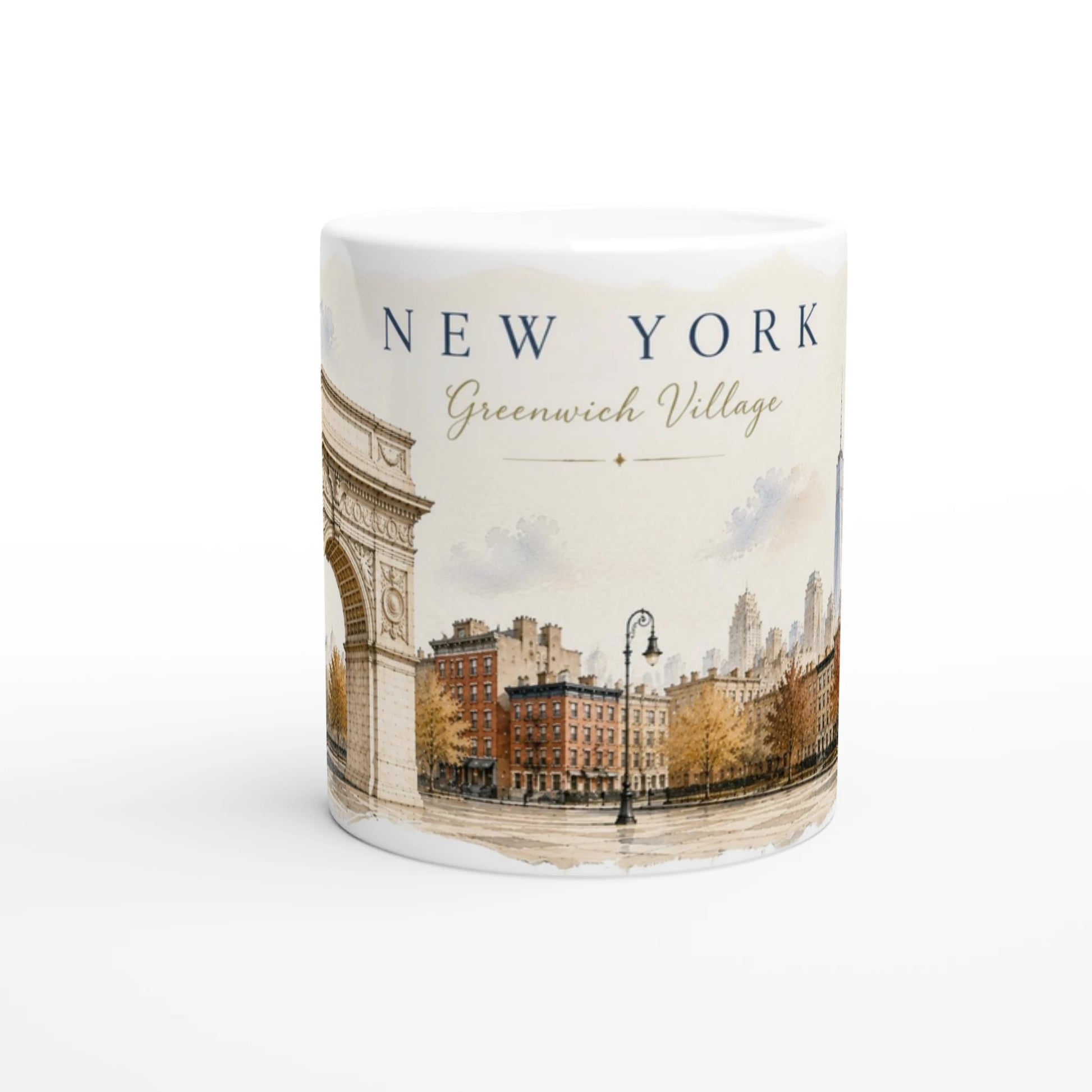 Weiße Keramiktasse mit Washington Square Arch Illustration
