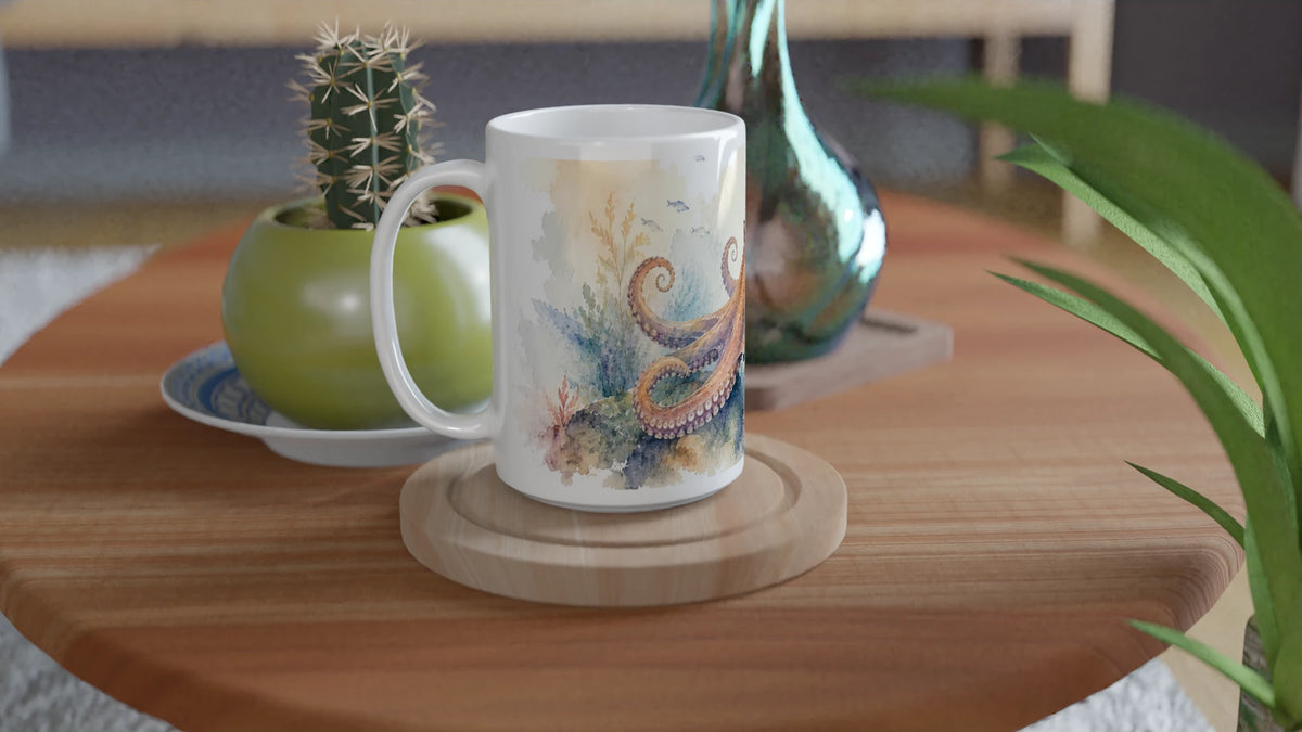 Oktopus Kaffeebecher 440 ml mit geschwungenen Tentakeln und verträumter Meereslandschaft