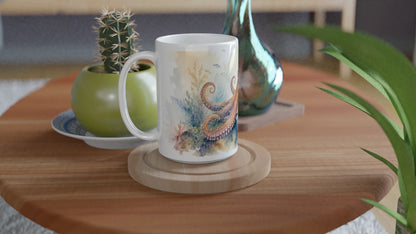 Oktopus Kaffeebecher 440 ml mit geschwungenen Tentakeln und verträumter Meereslandschaft