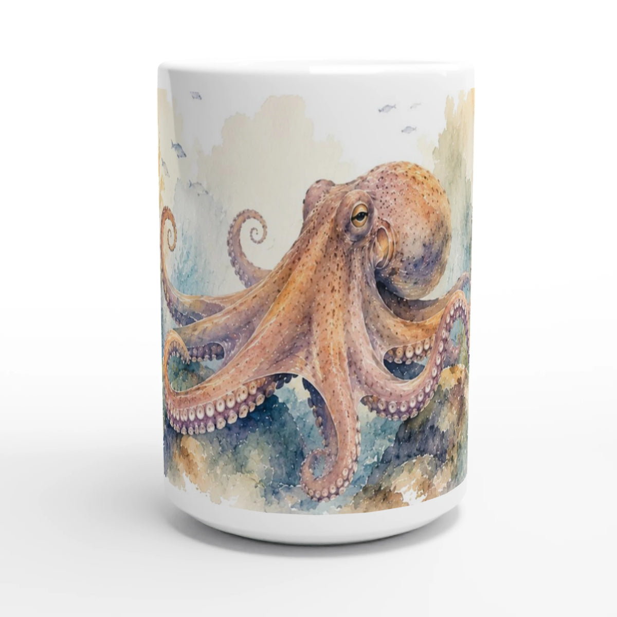 Oktopus Tasse 440 ml mit großer Krake in heller Unterwasserlandschaft im Aquarellstil