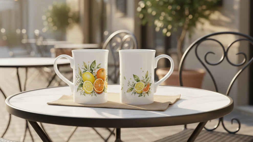 Botanische Porzellantasse mit Orangen, Zitronen und locker angeordnetem Blattwerk in frischen Naturfarben