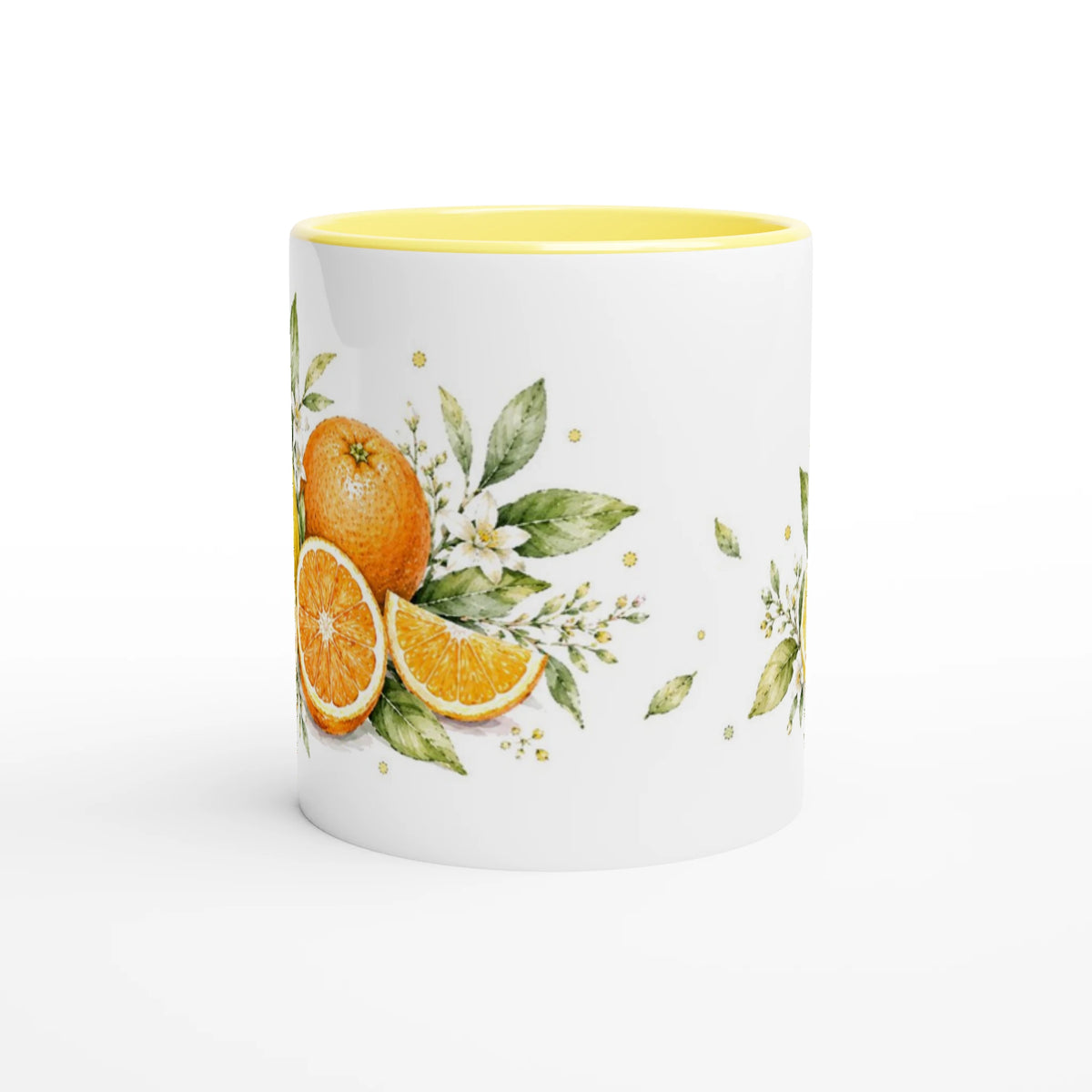 Botanische Keramiktasse mit Orangen, Zitronen, Fruchtsegmenten und locker angeordnetem Blattwerk in frischen Gelb-, Orange- und Grüntönen.