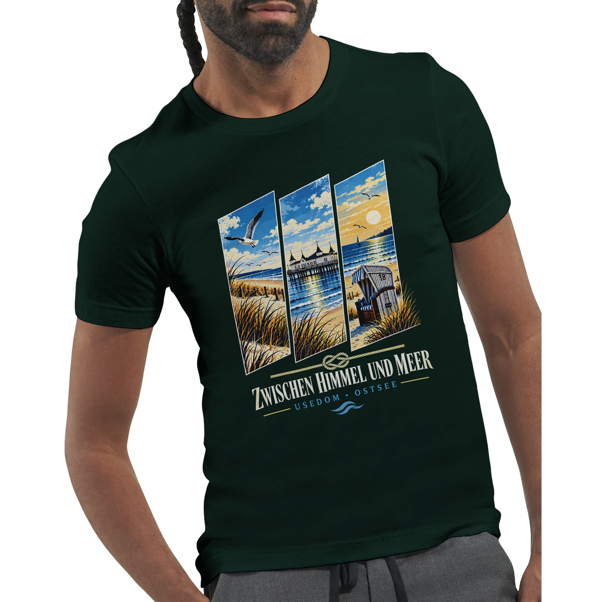 Usedom T-Shirt mit Ostseeküste und Strandmotiv für Liebhaber der norddeutschen Küste. Die Gestaltung zeigt Strandkorb und Seebrücke als Urlaubssymbole.