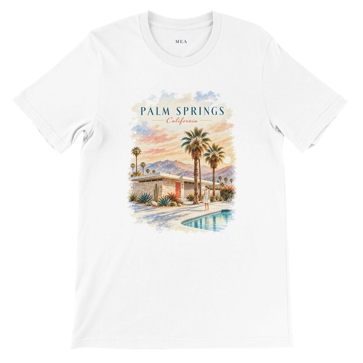 Unisex T-Shirt mit Palm Springs als Motiv: Pool, Palmen und eine sonnige Wüstenkulisse vermitteln den Stil der kalifornischen Mid-Century-Ära.
