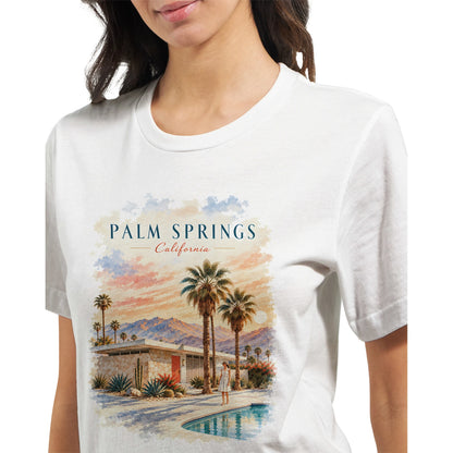 Unisex-Printshirt mit sommerlicher Palm-Springs-Szene: Ein Pool, Palmen und die warme Atmosphäre der kalifornischen Wüste prägen das Mid-Century-Motiv.