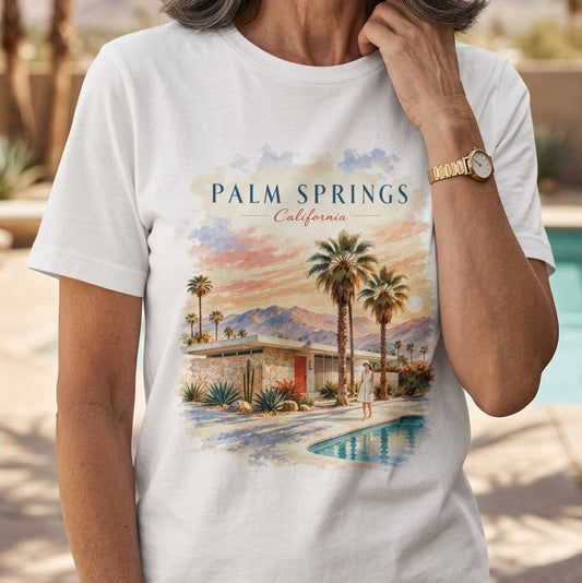 Palm Springs T-Shirt mit Pool, Palmen und Wüstenmotiv im kalifornischen Mid-Century-Stil. Das bedruckte Unisex-Shirt bringt entspanntes California-Retro-Flair in die Garderobe.