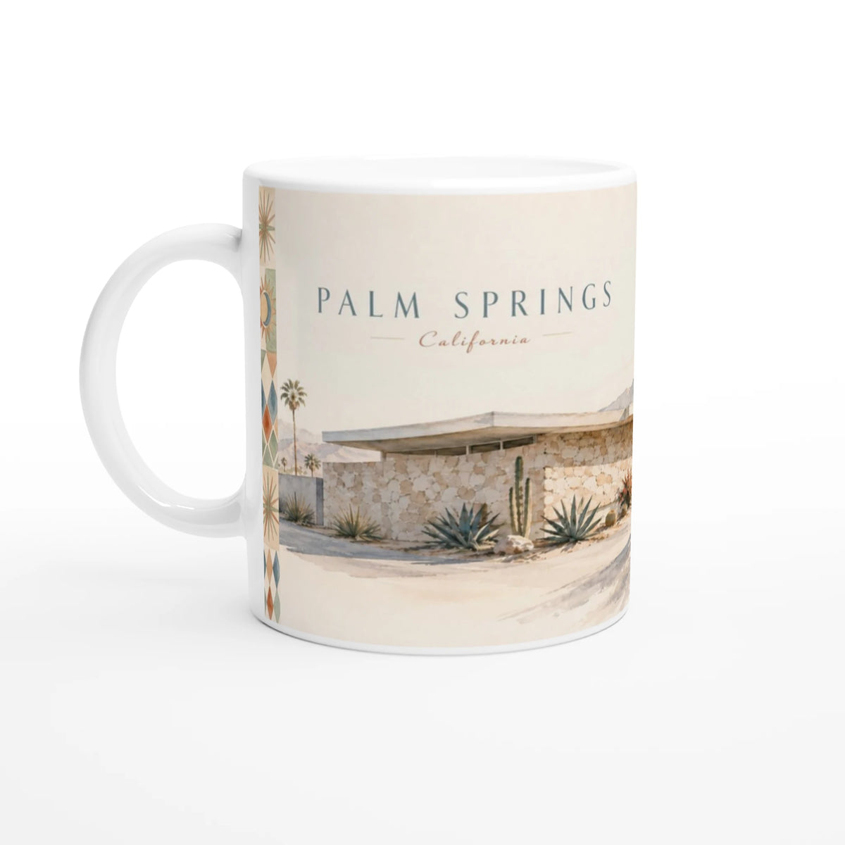 Palm Springs Tasse 0,33 l mit California Schriftzug, Mid-Century-Architektur aus Naturstein, Palmen, Agaven und Kakteen in warmer aquarellartiger Retro-Illustration