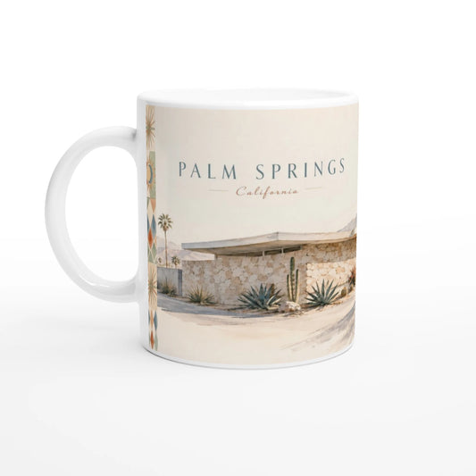 Palm Springs Tasse 0,33 l mit California Schriftzug, Mid-Century-Architektur aus Naturstein, Palmen, Agaven und Kakteen in warmer aquarellartiger Retro-Illustration