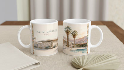 Palm Springs Keramiktasse 0,33 l mit umlaufendem Retro Design aus Palmen, Pool, Wüstenbergen, moderner Architektur und geometrischen Elementen im Stil der 1960er Jahre